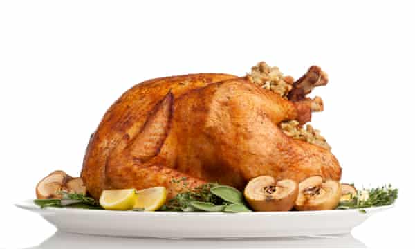 Roast turkey with trimmings on white platter.