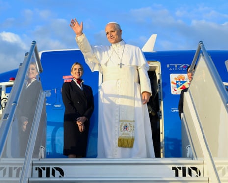 Pope Leo XIV boarding a plane from Fiumicino Airport, Rome, Italy.