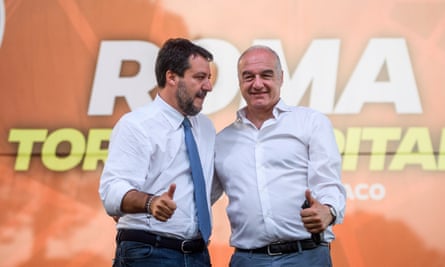 The far-right Brothers of Italy mayoral candidate, Enrico Michetti, right, with Matteo Salvini.