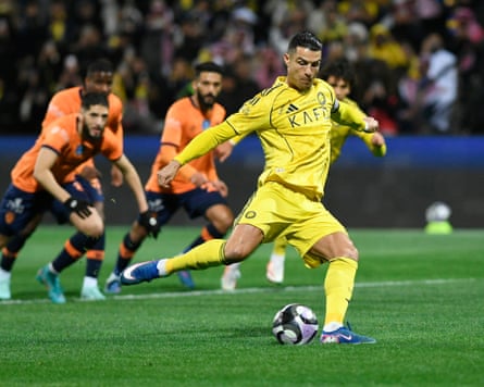 Cristiano Ronaldo fails to score from the penalty spot during Al Nassr’s Saudi Pro League game against Al Fayha last month.