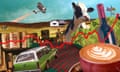 Composite image showing a cow, coffee cup, a wine bottle, groceries and a plane