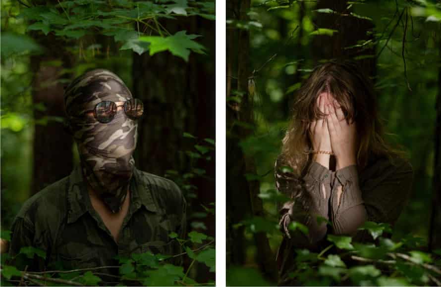 Left: person with face covered by camo bandana and sunglasses Right: person covering face with hands