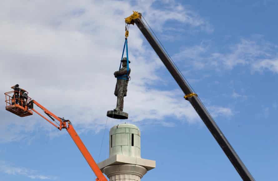 A statue of Robert E Lee is removed from Lee Circle in May 2017 in New Orleans.