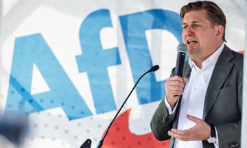 Maxmilian Krah for AfD speaking during a campaign event in Dresden on 1 May.