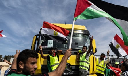 An aid truck returns from Gaza to Egypt.