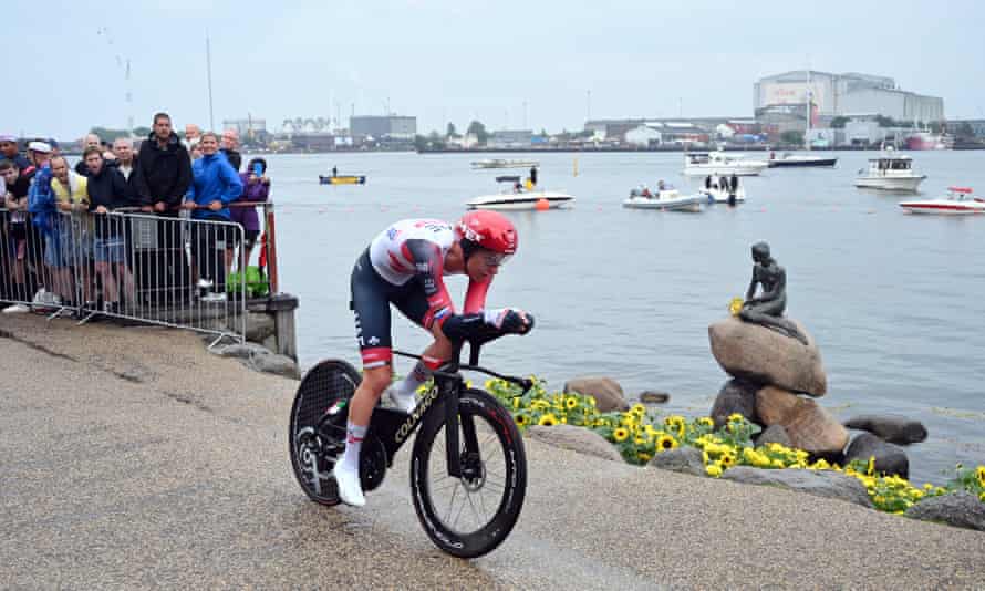 Tadej Pogacar cycles past the Little Mermaid