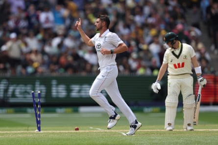 Josh Tongue celebrates dismissing Steve Smith as 20 wickets fall on day one of the Boxing Day Ashes Test