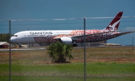 A Qantas repatriation flight landing at Darwin’s RAAF base
