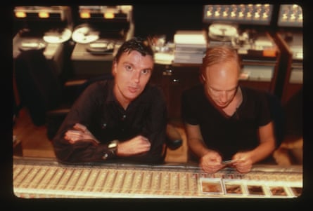 David Byrne working with Brian Eno in a recording studio in Mexico, circa 1980.