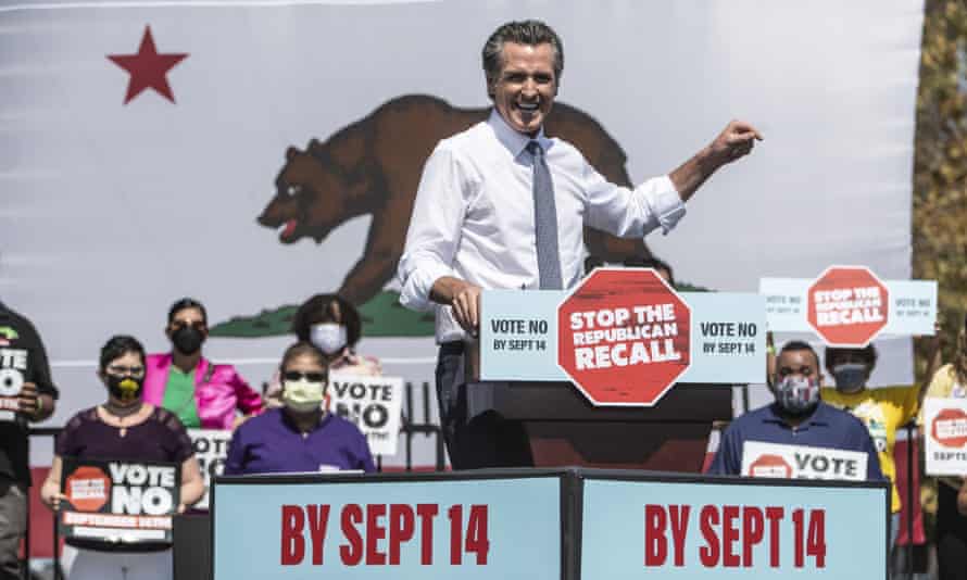 Gavin Newsom speaks at a ‘vote no on the recall’ rally in San Leandro, California, on Wednesday.