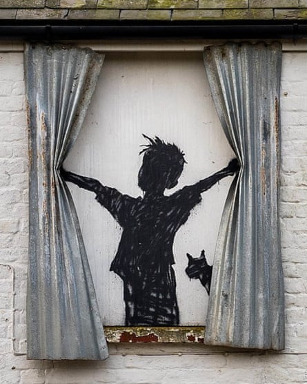 A close-up view of the artwork Morning is Broken, by Banksy