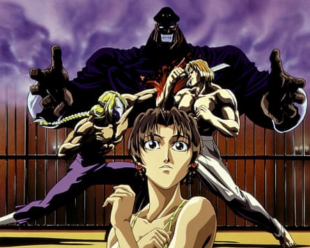 Still from a animated TV series of a anime type man in the foreground and menacing people fighting behind him.
