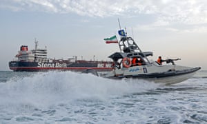 British flagged oil tanker ‘Stena Impero’ seized at Strait of Hormuzepa07731990 An Iranian Revolutionary Guard jet boat sails around the seized British-flagged tanker Stena Impero in Bandar Abbas, southern Iran, 21 July 2019. Media reported that Iranian Revolutionary Guard Corps (IRGC) claims to have seized Stena Impero at the Strait of Hormuz with 23 crew on board. Stena Bulk has issued a statement that ‘UK registered vessel Stena Impero was approached by unidentified small crafts and a helicopter during transit of the Strait of Hormuz while the vessel was in international waters. On 20 July Stena Bulk informed that Head of Marine Affairs at the Port of Bandar Abbas is in contact with the crew members, who are in ‘good health’ and that Head of Marine Affairs has confirmed to them that no instructions have been received so far as to what will happen to the ship.’ EPA/HASAN SHIRVANI