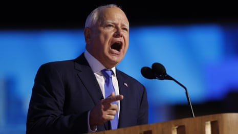 Tim Walz gives coach’s pep talk, whips up crowd during keynote DNC address – video