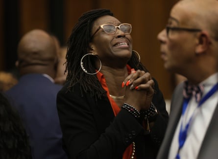 Erika Barrow, Lamar Johnson’s former girlfriend who testified in his defense at his murder trial, reacts after his conviction was vacated on Tuesday.