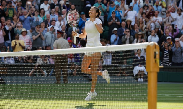Emma Raducanu celebrates winning her first-round match at Wimbledon in straight sets