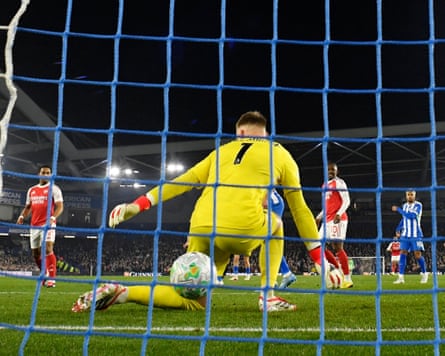 Brighton’s Bart Verbruggen is wrongfooted by the deflection from Bukayo Saka’s shot for the only goal of the game.
