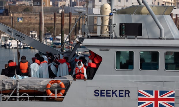 Migrants on board HMC Seeker after being intercepted in the English Channel by border force on September 22. Boris Johnson’s spokesman said the UK was planning to reform the system to deter people ‘from making life-threatening journeys’.