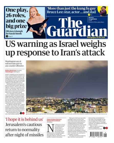 Guardian front page, Monday 15 April 2024