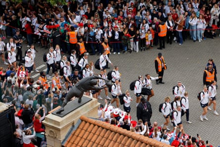 The England players arrive at the stadium before the Women’s Rugby World Cup 2025 final against Canada.