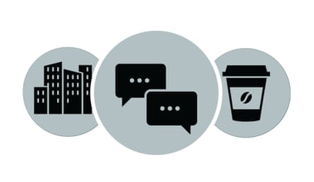 Grey stone coloured circles with highrise buildings in one, tow messaging bubbles with ellipsies in another, and a takeaway coffee cup in the other