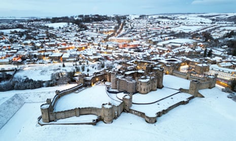 Snow covered fields surrounding Alnwick Castle in Northumberland today, as weather warnings for snow and ice are in place across all four nations of the UK and more are expected to be issued as Arctic air sweeps across the country.