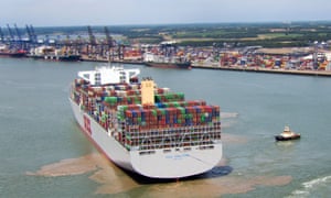 Hong Kong, the world’s largest container ship, which can carry 21,413 containers, docks in Felixstowe, Suffolk, in 2017.