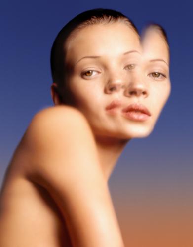 Kate Moss, reflection in water, a portrait by Albert Watson