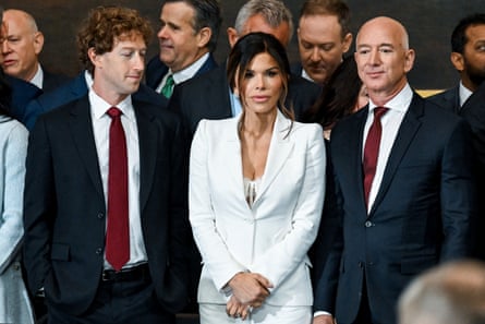 Mark Zuckerberg, Facebook CEO, and Lauren Sanchez, fiancee of Jeff Bezos, and Jeff Bezos stand at the inauguration of Donald J. Trump as the 47th president of the United States inside the Capitol Rotunda of the U.S. Capitol building in Washington, D.C., U.S., Monday, January 20, 2025