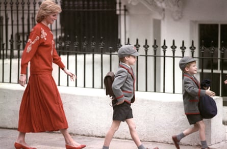 Diana, Princess of Wales, following her sons Prince Harry (right), then five years old, and Prince William, then seven, on Harry’s first day at the Wetherby school in Notting Hill, west London.
