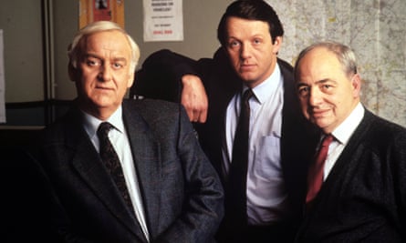 Colin Dexter, right, with John Thaw (Morse), left, and Kevin Whately (Lewis) on the set of the Inspector Morse TV series.