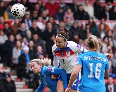 A powerful header from Lucy Bronze gives England the lead.