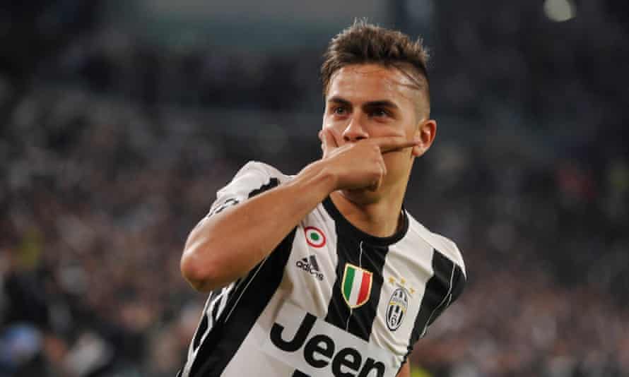 Paulo Dybala celebrates scoring the first goal in the Champions League quarter-final game against Barcelona in Turin.