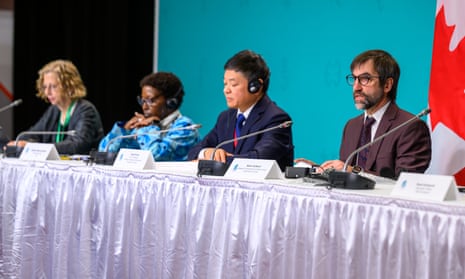 A press briefing at Cop15 in Montreal, Canada on 14 December 14, 2022. From left to right: Executive Director of the United Nations Environment Programme, Inger Andersen, Elizabeth Maruma Mrema, Executive Secretary of the UN Convention on Biological Diversity, Huang Runqiu, China's ecology and environment minister, Canadian Minister of the Environment and Climate Change, Steven Guilbeault.