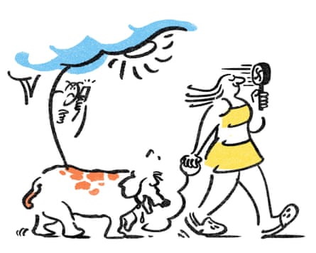 An illustration showing a woman walking a dog that is struggling in the heat while someone with a smartphone records them.