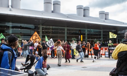 Climate protesters rally during the Australian Petroleum Production & Exploration Association in Adelaide on 18 May.