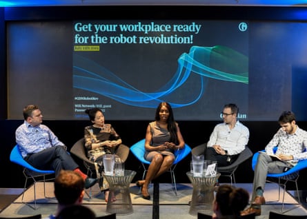 (Panel L-R) Manu Dell’Aquila, technology transformation manager, RED Solutions; Chelsea Chen, co-founder, Emotech; Cecilia Harvey, chief operation officer, Quant Network; Alastair Jardin, head of product, Trint; Alex Hern, UK technology editor, The Guardian. Pictured at the Guardian offices.