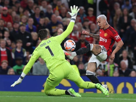 Antony of Manchester United lobs the ball over Wolves’ keeper Jose Sa.