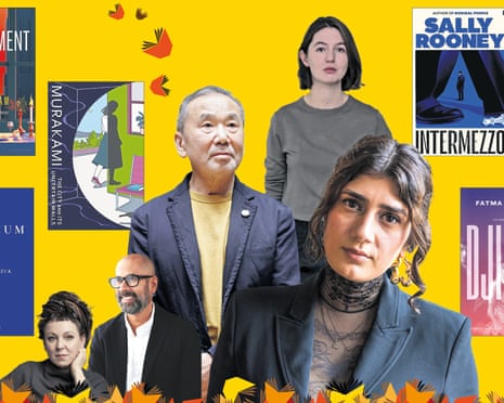 From left: Olga Tokarczuk, Rumaan Alam, Haruki Murakami, Sally Rooney, Fatma Aydemir plus their new books.