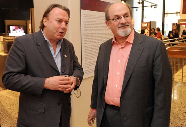 Novelist Salman Rushdie, right, with journalist Christopher Hitchens at an Emory University exhibit of Rushdie’s work in Atlanta, Feb 2010