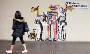 One of the new murals by Banksy, clearly inspired by Jean-Michael Basquiat’s work.