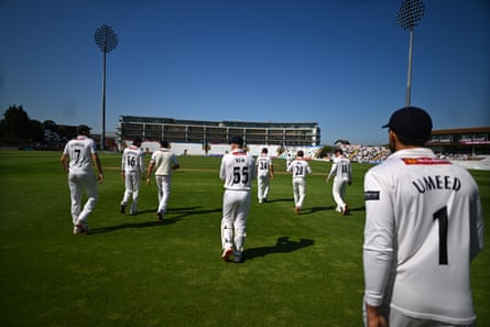 Somerset make their way out to field against Essex at Taunton