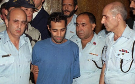 Yigal Amir being taken to court after the killing of Israeli prime minister Yitzhak Rabin