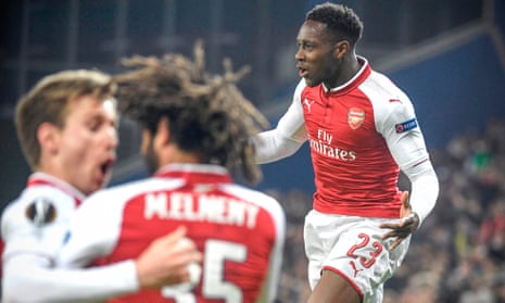 Arsenal’s Danny Welbeck celebrates after scoring against CSKA Moscow.