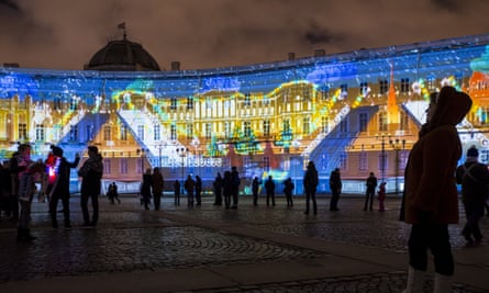 New Year’s Eve light show in St Petersburg’s Palace Square, Russia
