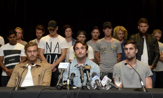 Essendon’s players during a press conference in Melbourne, Tuesday, 31 March, 2015. Jobe Watson and 34 current and former Essendon players were initially found not guilty of a doping violation by the AFL. 