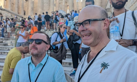 Chris McCausland (left) and Harry Hill in Athens, in The Wonders of the World I Cannot See.