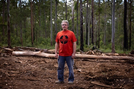 Environmental campaigner Max Fulham at a  logging site in Deongwar state forest