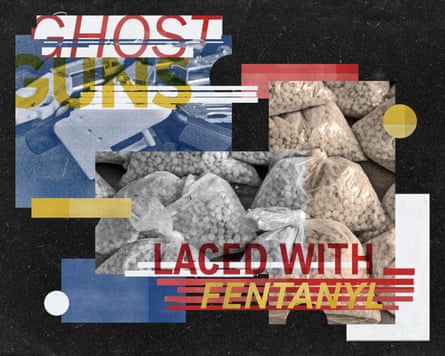 Graphic illustration in reds, whites, yellows and blues of guns and bags of pills and the words “Ghost guns” and “Laced with fentanyl”.