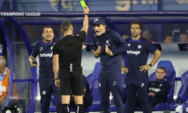 Thomas Tuchel is shown a yellow card by the referee Istvan Kovacs as Chelsea unravel against Dinamo Zagreb.